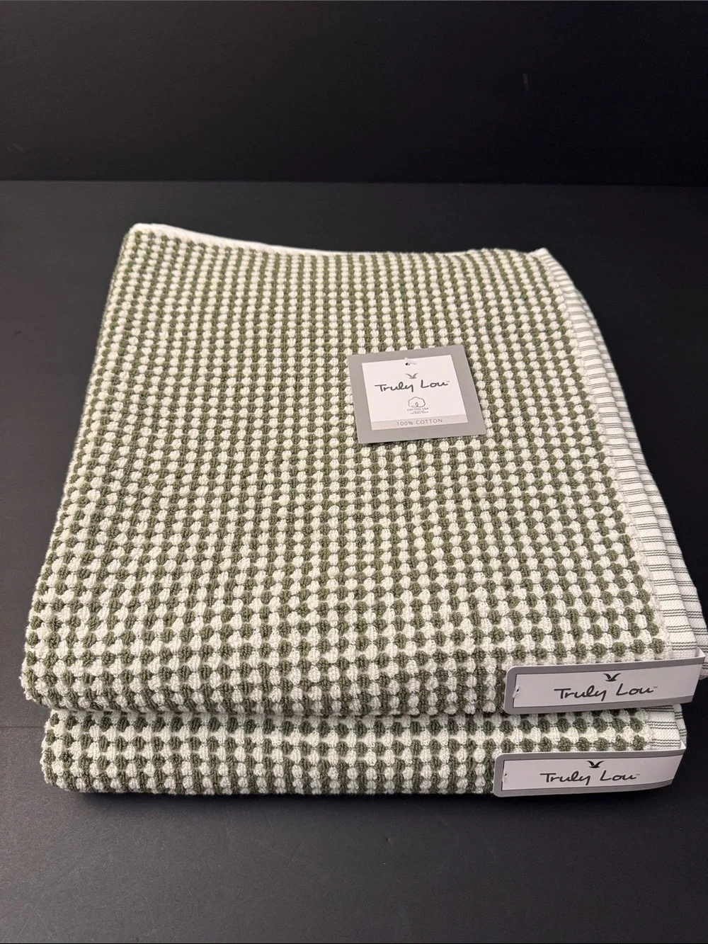 6pc TRULY LOU 100% Cotton Textured Bath Towel Set - Oil Green/White